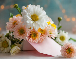 Bouquet of white and pink chrysanthemums with a note paper for your text