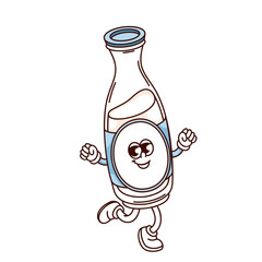 Groovy milk bottle cartoon character running with smile. Funny retro happy healthy drink with calcium, dairy mascot, cartoon glass container of farm milk sticker of 70s 80s style vector illustration