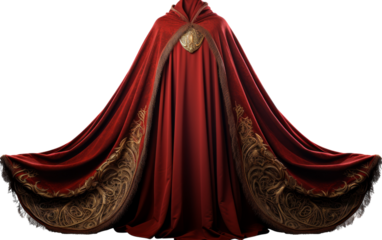 A luxurious red cape with intricate gold trimmings cascading down its edges, exuding regal charm and sophistication