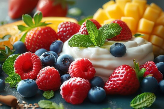 Three realistic modern icons illustrating fruit, berries, and yogurt