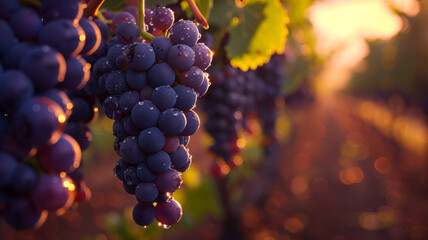 Bunch of grapes in a vineyard at sunset