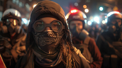 A young female protester at night - obrazy, fototapety, plakaty