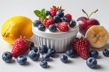 Realistic illustration of fruit, berries, and yogurt in 3D modern format.