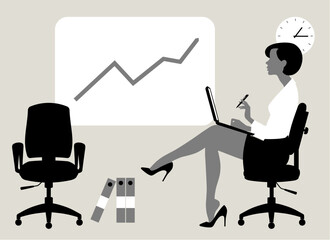 A beautiful young business woman sitting in a chair with a laptop in the office interior. Business concept in flat design style in black and white colors. Vector illustration