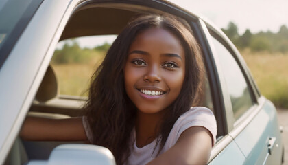 Black beautiful young smiling woman driving car looking through open window