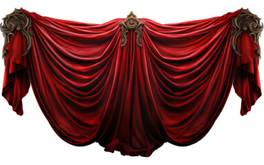 A luxurious red curtain adorned with a shimmering gold trim cascades gracefully