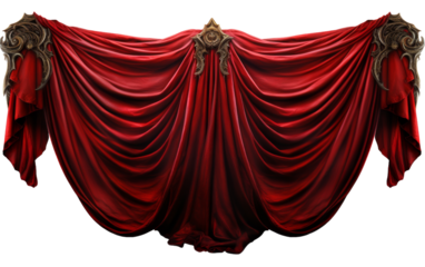 A luxurious red curtain adorned with a shimmering gold trim cascades gracefully