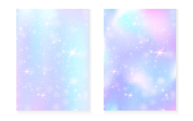 Magic background with princess rainbow gradient. Kawaii unicorn hologram. Holographic fairy set. Creative fantasy cover. Magic background with sparkles and stars for cute girl party invitation.