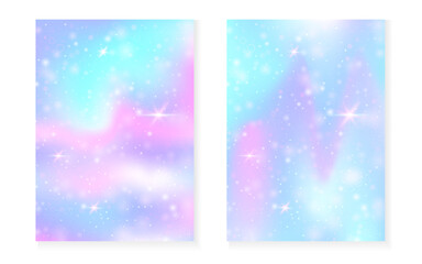Magic background with princess rainbow gradient. Kawaii unicorn hologram. Holographic fairy set. Bright fantasy cover. Magic background with sparkles and stars for cute girl party invitation.