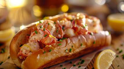 Lobster roll on a wooden surface - obrazy, fototapety, plakaty