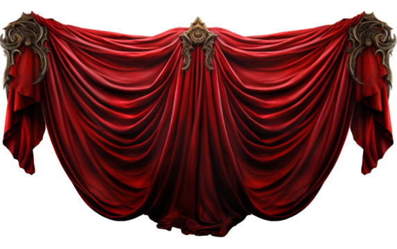 A luxurious red curtain adorned with a shimmering gold trim cascades gracefully