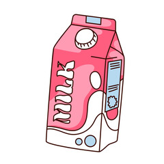 Groovy cartoon package with Milk text on label. Funny retro cardboard pink pack with fresh beverage and lid, dairy products mascot, cartoon packet sticker of 70s 80s style vector illustration