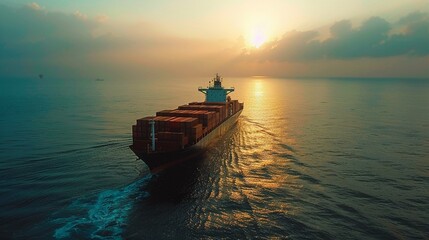 cargo ship navigating through vast open sea, global trade and logistics, HD, 4K - obrazy, fototapety, plakaty