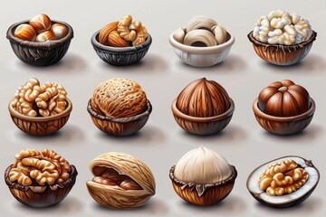 Icons of nuts in modern format - obrazy, fototapety, plakaty
