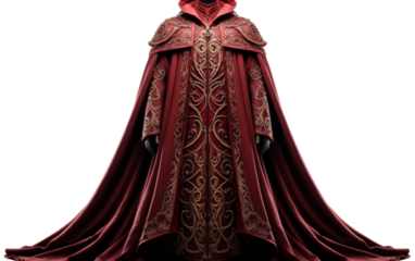 A mysterious man in a red cloak with a hood standing in the shadows