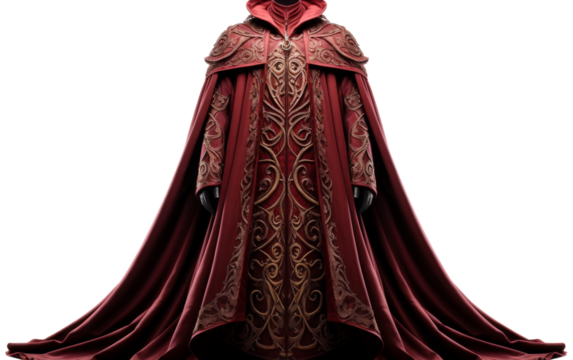 A mysterious man in a red cloak with a hood standing in the shadows - Powered by Adobe