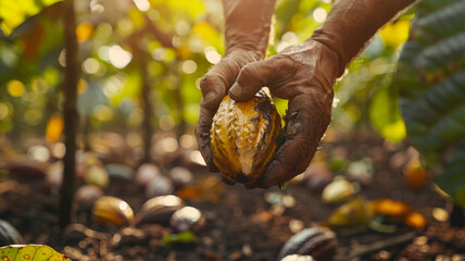 Hands holding a cacao pod in a farm setting - obrazy, fototapety, plakaty