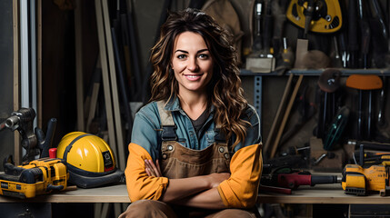 Confident female carpenter in workshop. A smiling woman in work attire poses confidently in a well-equipped carpentry workshop with various tools
