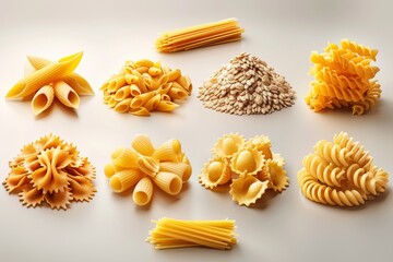 This is a set of ten 3D realistic pasta modern objects. It includes pasta, fusilli, farfalle, tagliatelle, fettuccine, spaghetti, cavatappi, conchiglie shells, and wheat.