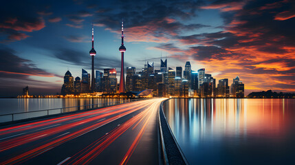 Dramatic city skyline with traffic light trails. Vivid sunset illuminating a bustling city skyline,...