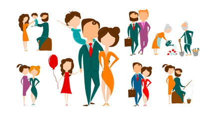 Set of different happy families. Congratulations on Family Day. hand drawing. Not AI, Vector illustration