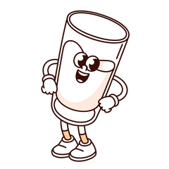 Groovy milk glass cartoon character with happy face. Funny retro transparent cup of healthy drink with calcium laughing, dairy mascot, cartoon milk sticker of 70s 80s style vector illustration