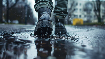 A detailed closeup of a rain-soaked boot treading carefully on a clean sidewalk near a muddy puddle, capturing the essence of resilience amidst adversity - obrazy, fototapety, plakaty