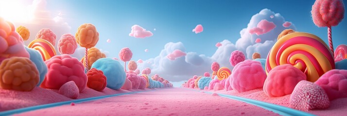 Lollylops sweet lansdcape background. Candyland scene for game or presentation design. 3D render. Holiday, birthday, baby shower, concept.