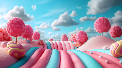 Lollylops sweet lansdcape background. Candyland scene for game or presentation design. Holiday, birthday, baby shower, concept.