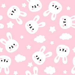 cute hand drawn bunny in the sky with stars and clouds on a pastel pink background, kids seamless pattern for textile