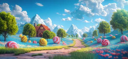 Surreal abstract colorful landscape. Fairy-tale world of sweets. - obrazy, fototapety, plakaty