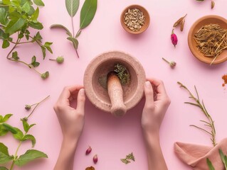 a picture of one hand making Chinese herbal medicine with a pestle and mortar, with the Japanese-style text Chai Rui flat white font above - obrazy, fototapety, plakaty