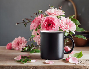 Cup of coffee with pink roses on a wooden table, selective focus