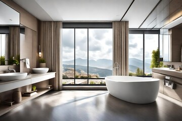 Modern hotel bathroom interior with bathtub and sink, panoramic window