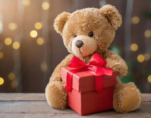 Brown teddy bear with red gift box. The concept of Valentine's Day, Christmas or Birthday