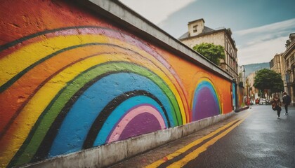  rainbow graffiti on a wall in city street