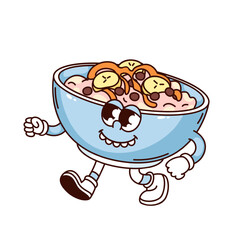 Groovy milk porridge bowl cartoon character walking with trippy smile. Funny retro porridge with banana slices and sweet sauce mascot, cartoon breakfast sticker of 70s 80s style vector illustration