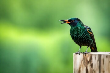 Starling Bird perched with green background and copyspace