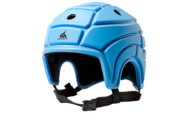 A striking blue helmet stands out against a crisp white backdrop