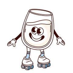 Groovy milk glass cartoon character roller skating with funky smile. Funny retro happy transparent cup of drink in roller skates, dairy mascot, cartoon sticker of 70s 80s style vector illustration
