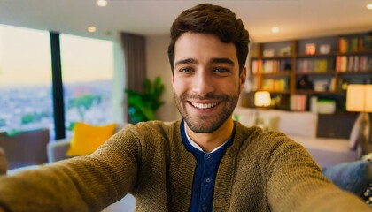 Selfie picture of a happy young handsome millennial man smiling at the camera in the living room in a modern home - obrazy, fototapety, plakaty