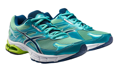 A pair of blue and green running shoes resting side by side, ready for their next adventure