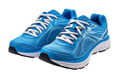 A vibrant pair of blue running shoes resting on a pristine white background
