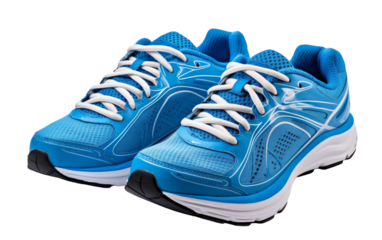 A vibrant pair of blue running shoes resting on a pristine white background
