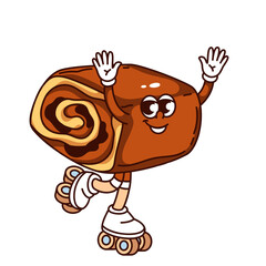 Groovy cinnamon roll cartoon character roller skating. Funny retro cinnamon sweet bun with roller skates, pastry and bakery mascot, cartoon Cinnabon sticker of 70s 80s style vector illustration