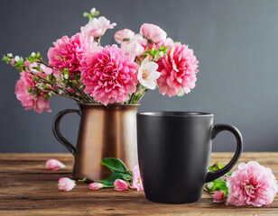 Bouquet of pink flowers in a vase and a black coffee mug mockup on rustic wooden table. Space for text or picture on coffee mug