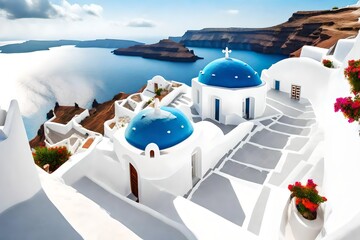 White architecture in Santorini island, Greece. Beautiful terrace with sea view. - obrazy, fototapety, plakaty