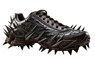 A pair of shoes adorned with menacing spikes, adding an edgy and powerful touch to any outfit