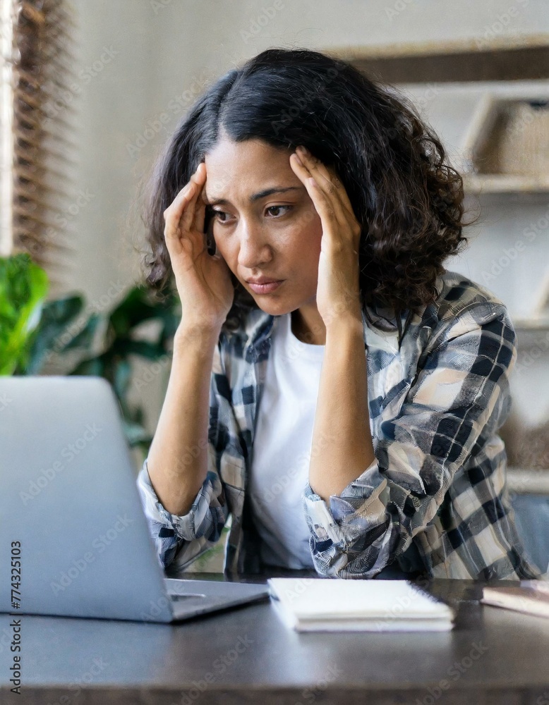 Wall mural young woman looking at laptop screen in despair, unemployed