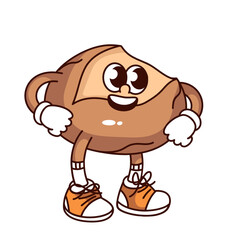 Groovy round wheat bread cartoon character with cuts. Funny retro happy healthy loaf standing with sneakers on legs and smile, bakery mascot, cartoon bread sticker of 70s 80s style vector illustration